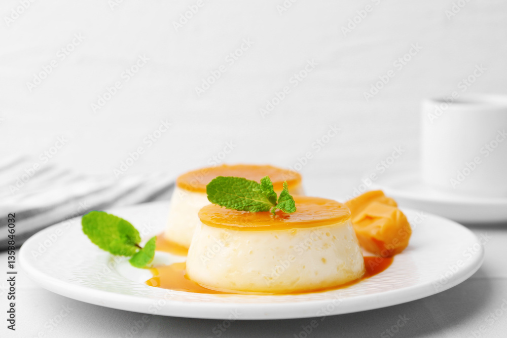 Tasty puddings with caramel sauce served on white tiled table, closeup Tasty puddings with caramel sauce served on white tiled table, closeup