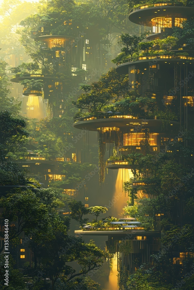 Naklejka premium Sleek glass buildings harmonizing with greenery in a vibrant solarpunk city