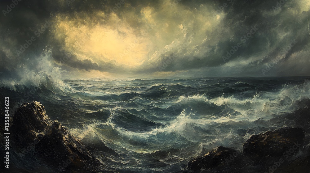 Fototapeta premium Dramatic Ocean Waves Under a Stormy Sky at Sunset