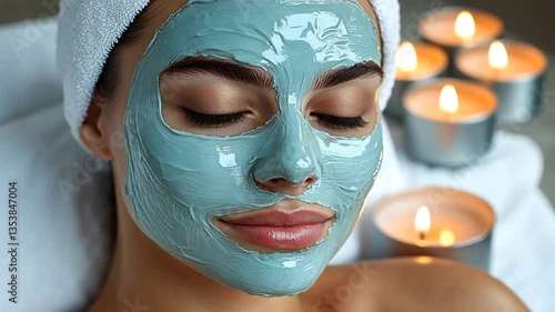 Woman with Teal Facial Mask and Lit Candles