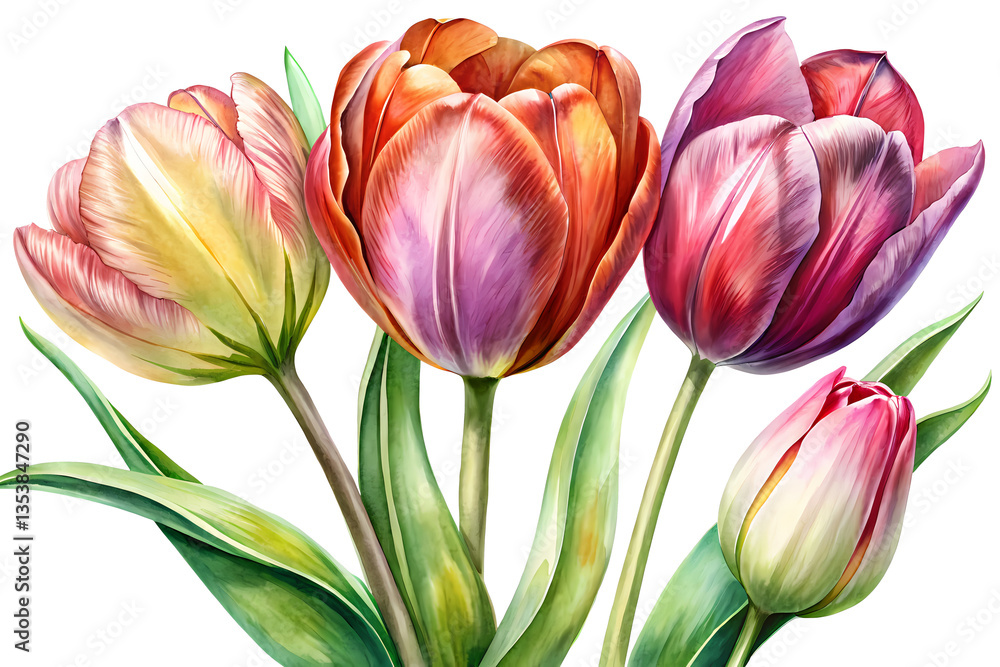 Fototapeta premium Watercolor Painting of a Bouquet of Four Colorful Tulips with Lush Green Leaves