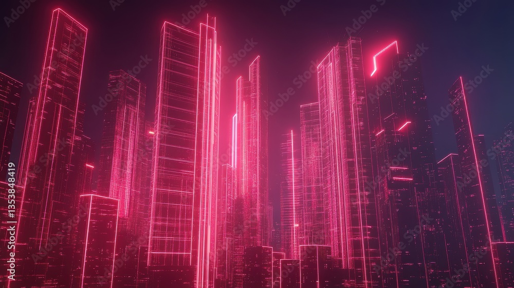 Fototapeta premium Futuristic abstract cityscape with glowing wireframe towers and neon light grids, digital sci-fi atmosphere 