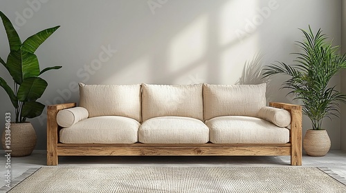 Beige couch with wooden frame in minimalist living room.