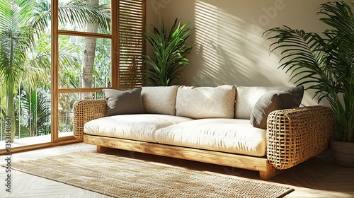 Sunlit living room with rattan sofa, plants, and tropical view.