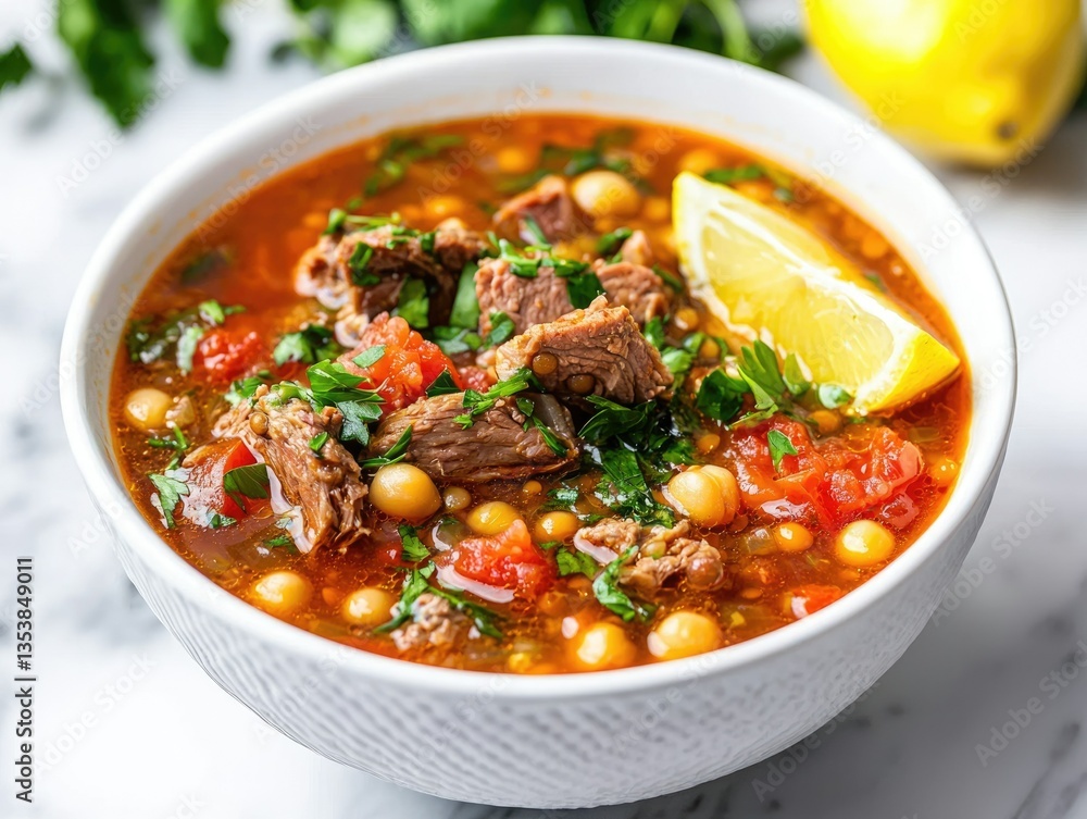 A bowl of delicious, hearty soup with chunks of meat, chickpeas, and fresh herbs, garnished with a lemon slice A bowl of delicious, hearty soup with chunks of meat, chickpeas, and fresh herbs, garnished with a lemon slice