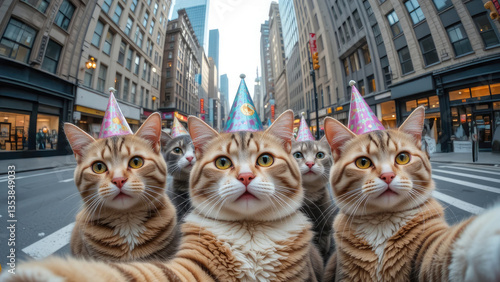Cats Taking Birthday Selfie in City Street with Party Hats