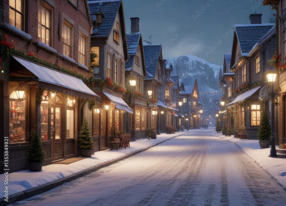 Fototapeta premium Christmas village scene with shops and snow-covered streets, window, decoration