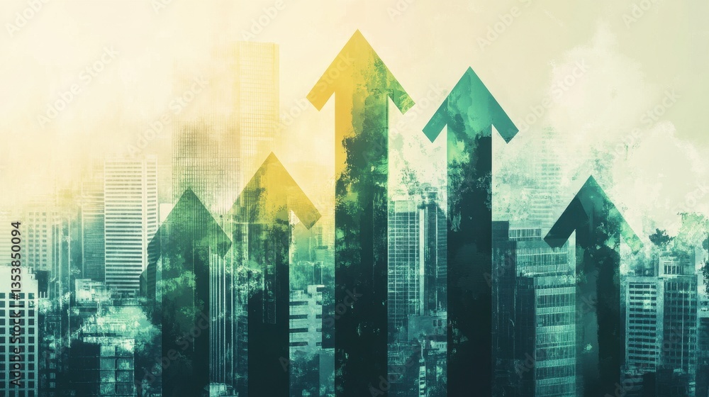 Urban Growth and Development: Cityscape with Rising Arrows, Representing Progress and Expansion in a Modern Metropolis Urban Growth and Development: Cityscape with Rising Arrows, Representing Progress and Expansion in a Modern Metropolis