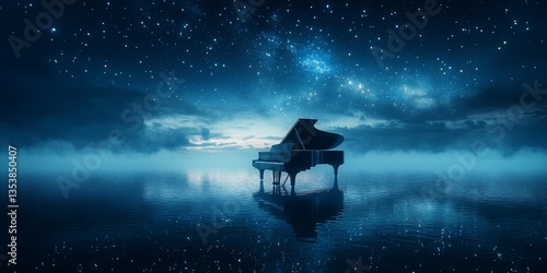 Surreal Serenade, A Grand Piano Under the Starry Sky on Tranquil Water