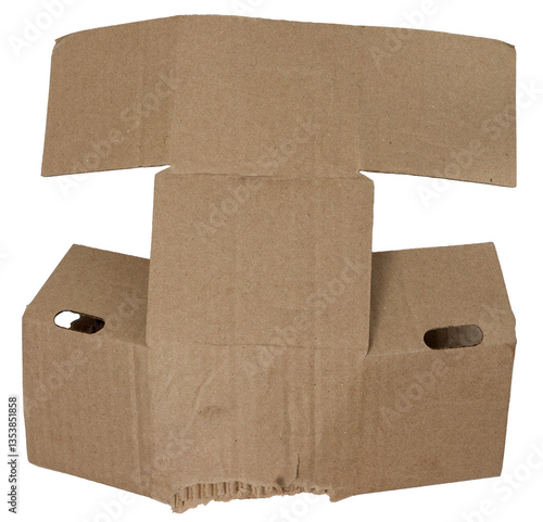 Foto Isolated corrugated flattened cardboard torn opened box on white background