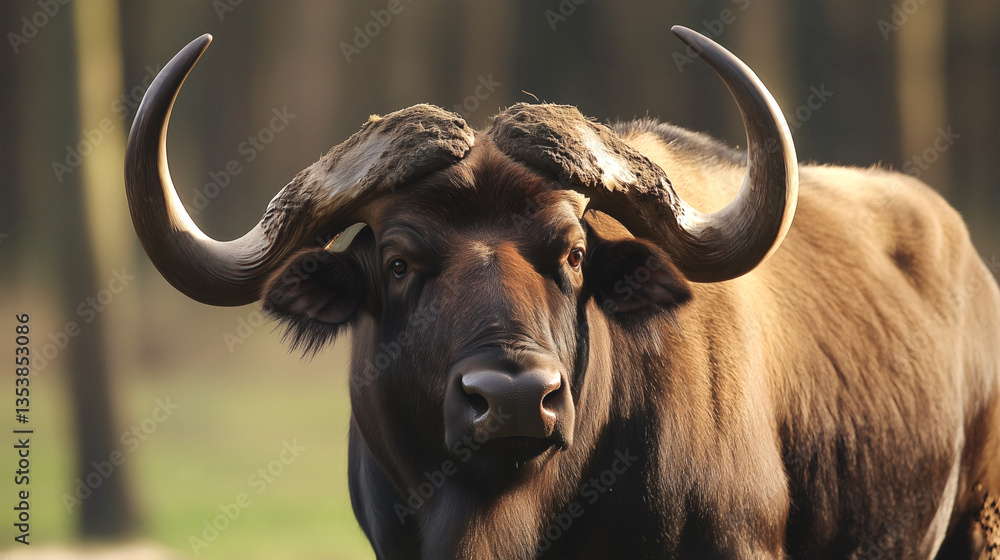 Powerful African Buffalo with Massive Curved Horns and Intense Gaze Displaying Strength in Natural Savanna Habitat Powerful African Buffalo with Massive Curved Horns and Intense Gaze Displaying Strength in Natural Savanna Habitat