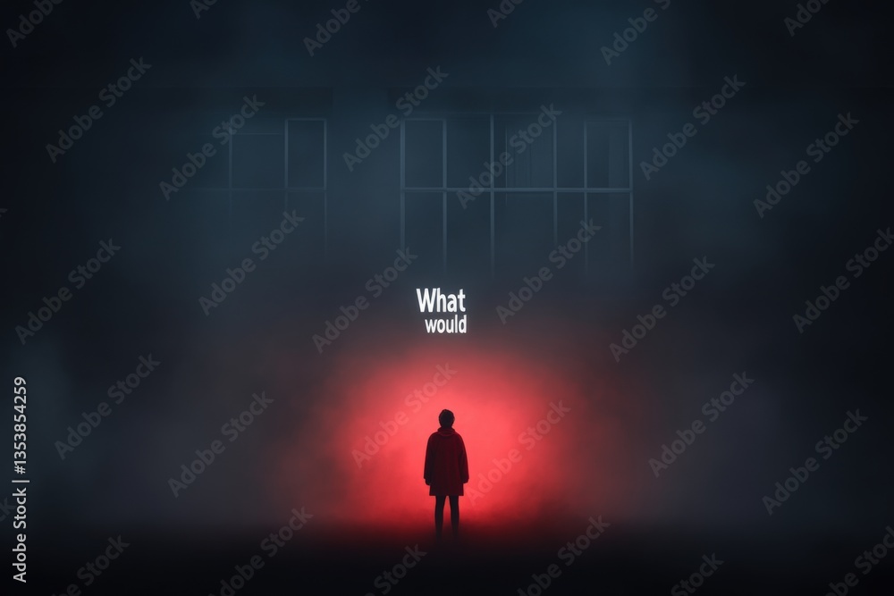 Person stands in red light fog Person stands in red light fog