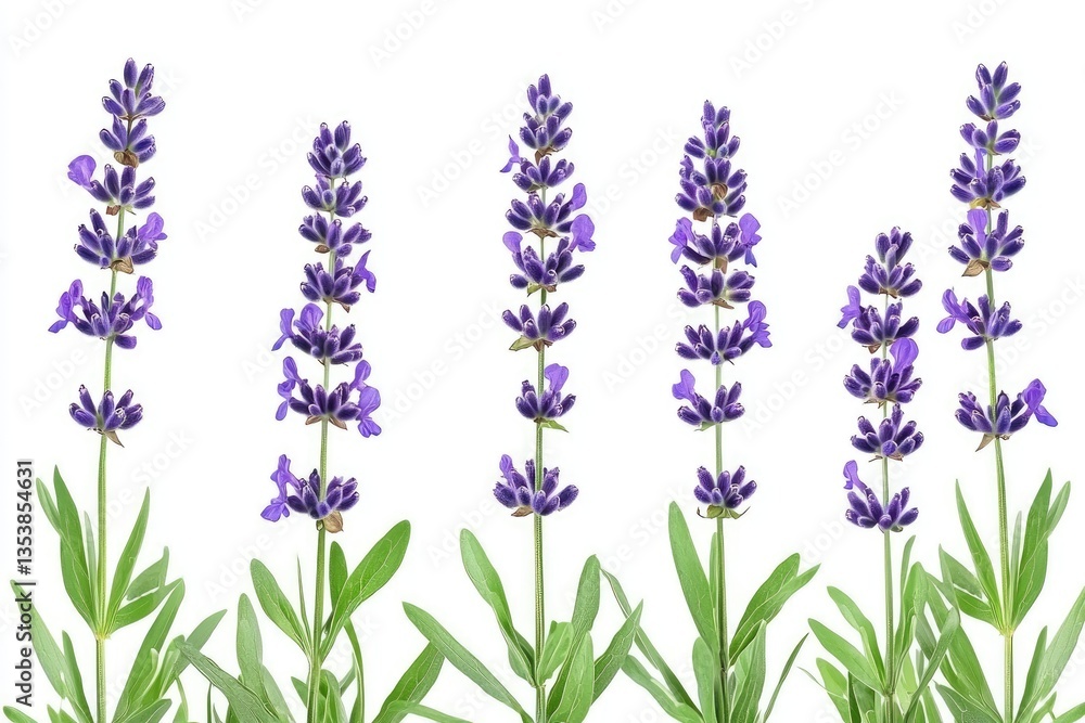 Naklejka premium Five beautiful lavender plants with vibrant purple flower spikes and green leaves