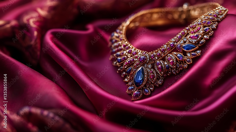 Obraz premium Elegant red satin background with pearls and luxury jewelry