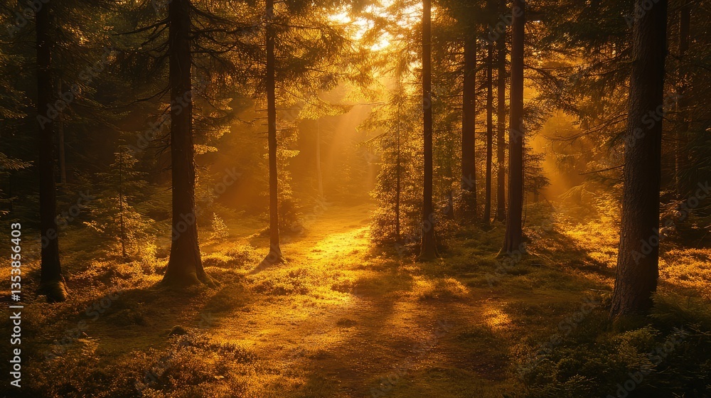 Obraz premium Soft golden light filtering through the trees, illuminating the forest floor with gentle shadows. Copy space above for design.