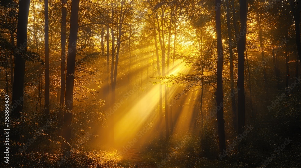 Fototapeta premium Soft golden light filtering through the trees, illuminating the forest floor with gentle shadows. Copy space above for design.