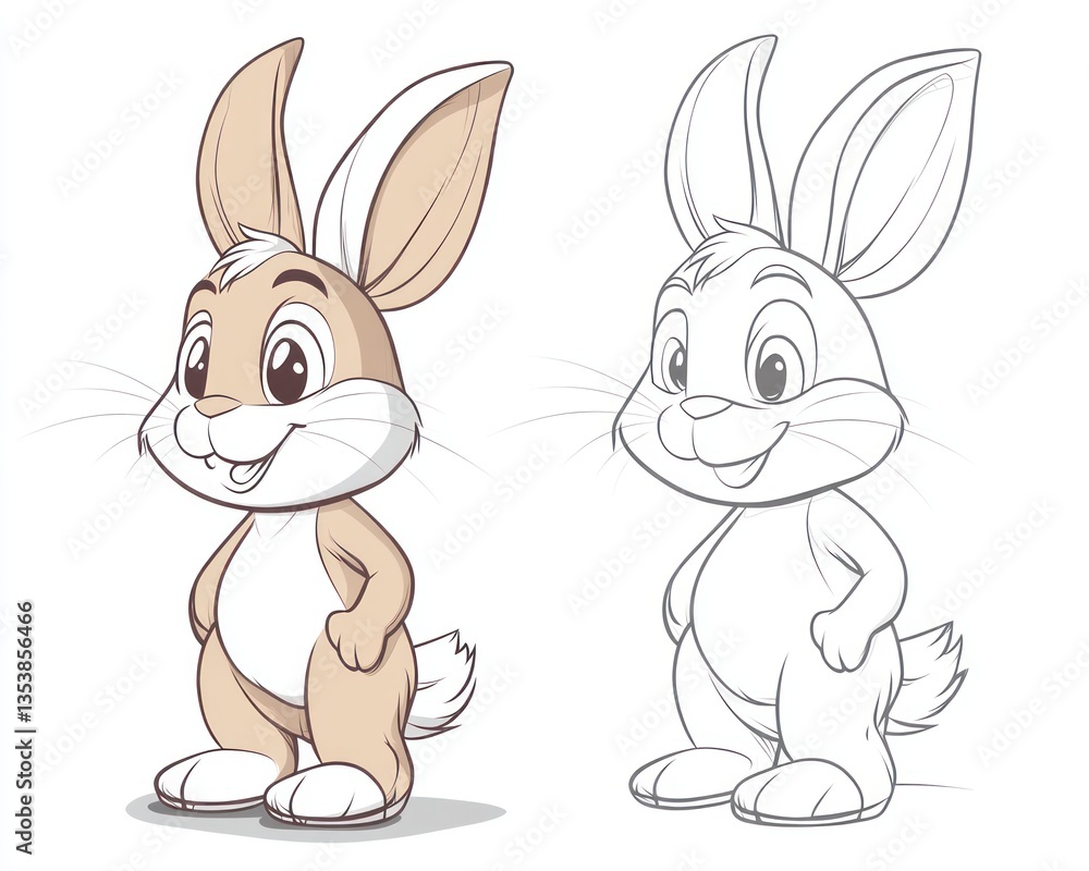 Obraz premium Adorable bunny illustration, colored and line art versions