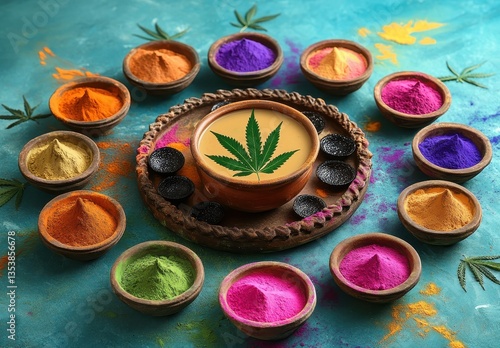 Vibrant Holi Festival Celebration with Colorful Powders Around Bowl of Milk and Fresh Green Leaf on Artistic Blue Background