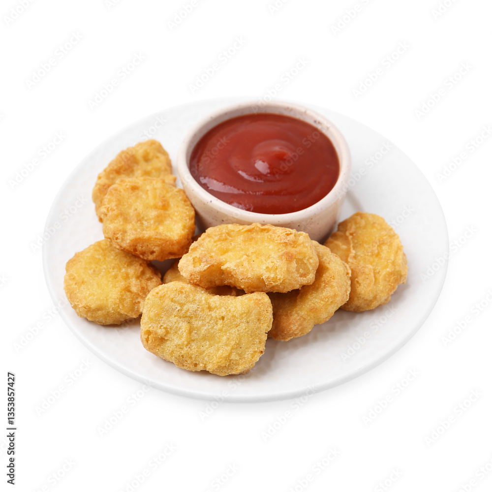 Tasty chicken nuggets with sauce isolated on white Tasty chicken nuggets with sauce isolated on white