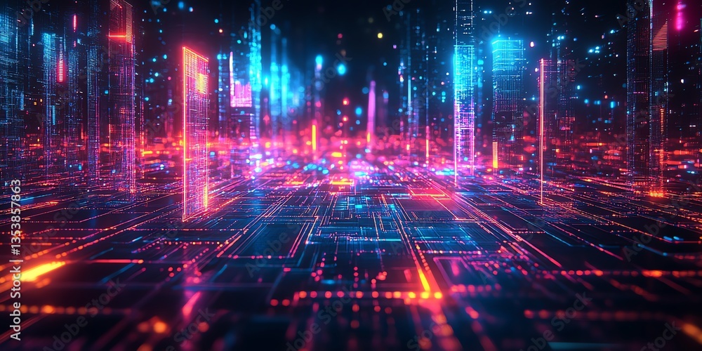 Neon Cityscape: A Vibrant, Digital Circuit Board Art Neon Cityscape: A Vibrant, Digital Circuit Board Art