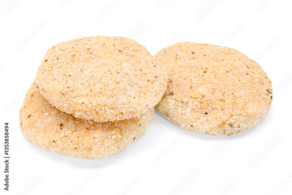 Three uncooked fresh patties isolated on white Three uncooked fresh patties isolated on white