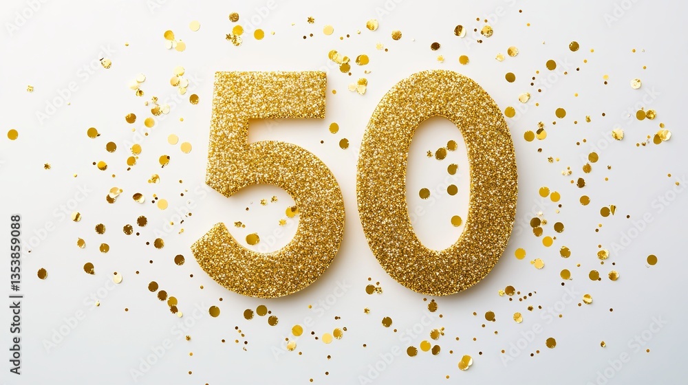 Golden Number 50 with Glitter and Confetti on White – A Sparkling Celebration Golden Number 50 with Glitter and Confetti on White – A Sparkling Celebration