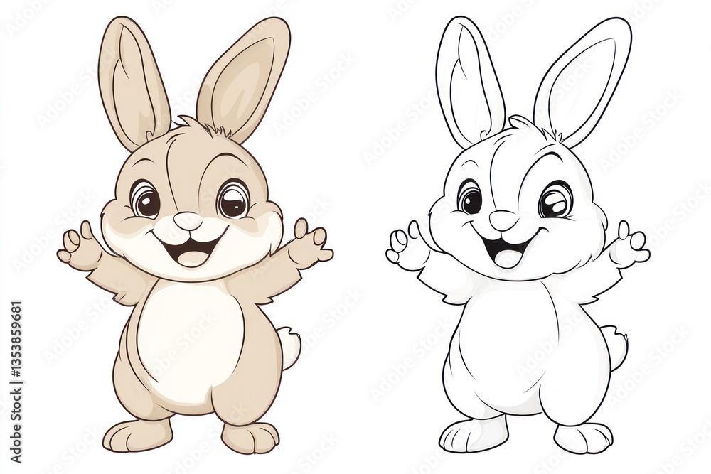 Fototapeta premium Adorable bunny rabbit illustrations, perfect for coloring. One colored, one outlined