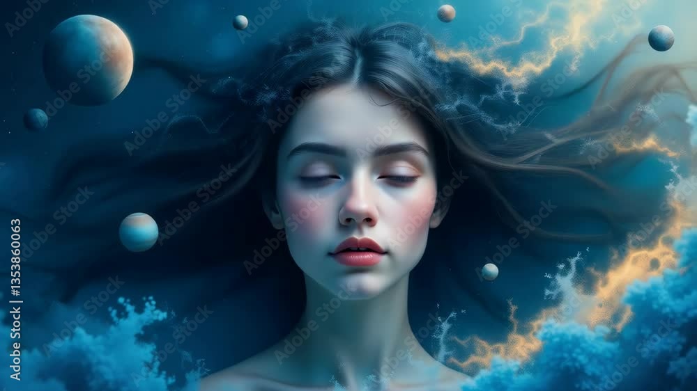 Surreal composition featuring a dreaming young woman surrounded by stars, planets and galaxies. Dream and meditation concept. Surreal composition featuring a dreaming young woman surrounded by stars, planets and galaxies. Dream and meditation concept.