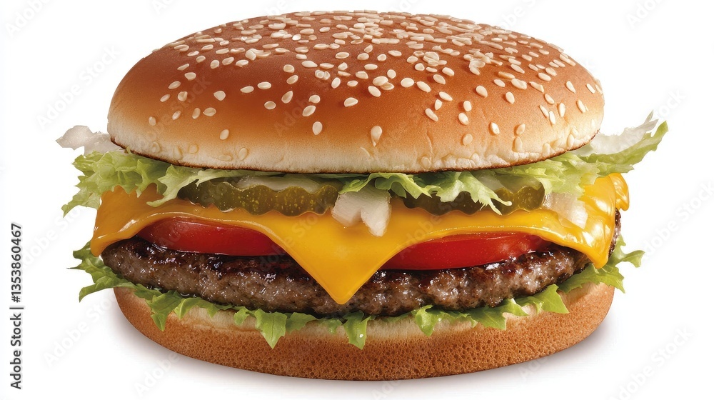 Soft watercolor depiction of an American cheeseburger with layers of melted cheese, lettuce, and tomato. Soft watercolor depiction of an American cheeseburger with layers of melted cheese, lettuce, and tomato.