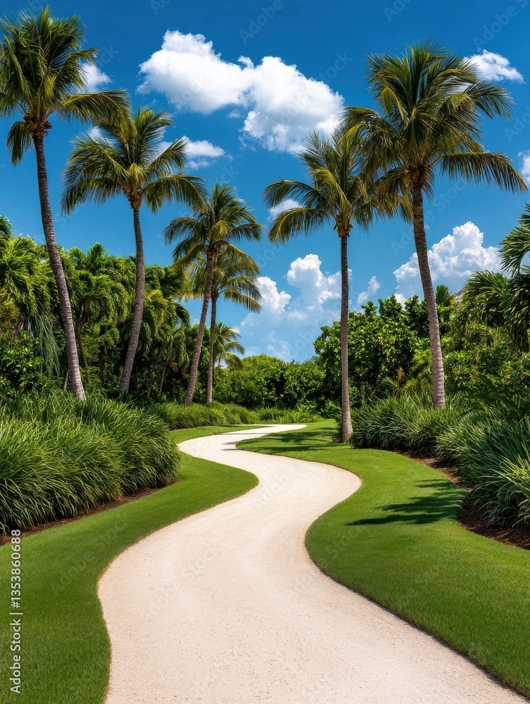 Serene Tropical Pathway Curving Through Lush Greenery and Palms Serene Tropical Pathway Curving Through Lush Greenery and Palms