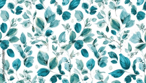 Elegant Teal Leaf Pattern on White Background for Textile Design