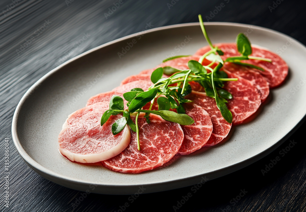 Kanazawa beef, cut into pieces and placed on the plate in the Japanese style, with rich marbling that gives it an attractive appearance Kanazawa beef, cut into pieces and placed on the plate in the Japanese style, with rich marbling that gives it an attractive appearance