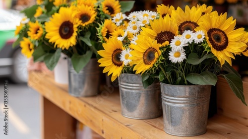 Wallpaper Mural Rustic flower shop with natural decor Concept, Cozy Shop Interior Featuring Bright Sunflower and Daisy Arrangements in Decorative Buckets Torontodigital.ca