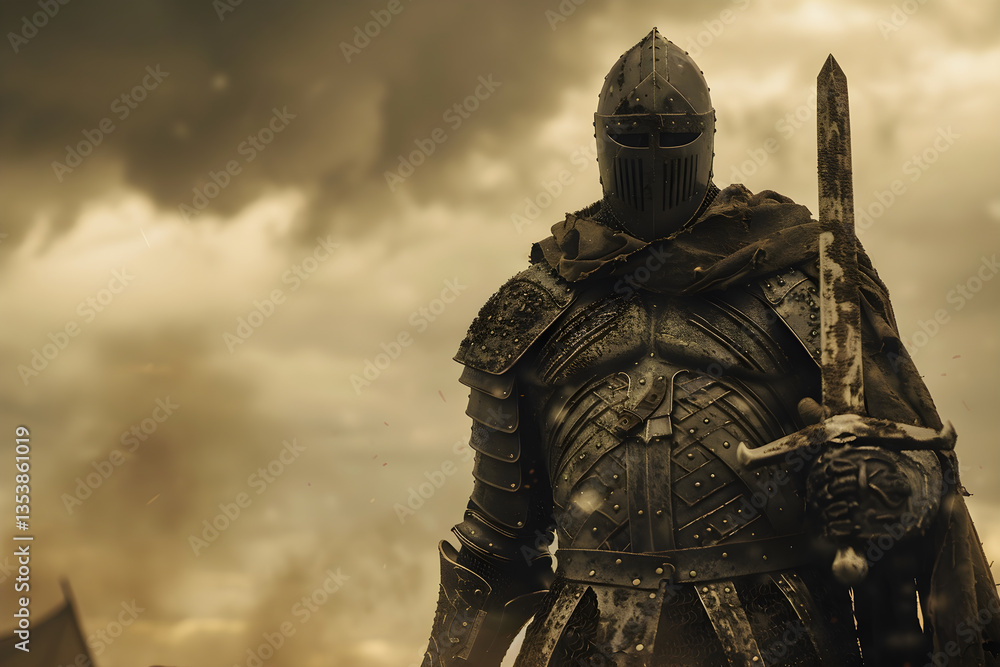 Naklejka premium Determined Warrior Amidst Battlefield, Ready for Combat with Gleaming Sword