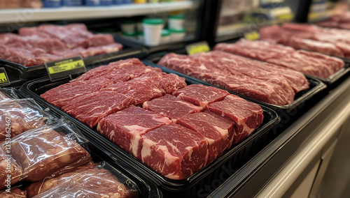 Meat is displayed in the meat section of an outdoor grocery store, with pink and red steaks