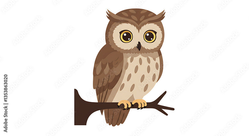 Naklejka premium Cartoon Owl Perching on Branch Illustration with Big Eyes