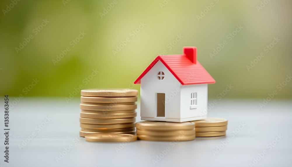 Miniature white house with red roof, stacks of gold coins, real estate investment concept, soft focus background, shallow depth of field, close-up photography, financial planning, home ownership Miniature white house with red roof, stacks of gold coins, real estate investment concept, soft focus background, shallow depth of field, close-up photography, financial planning, home ownership