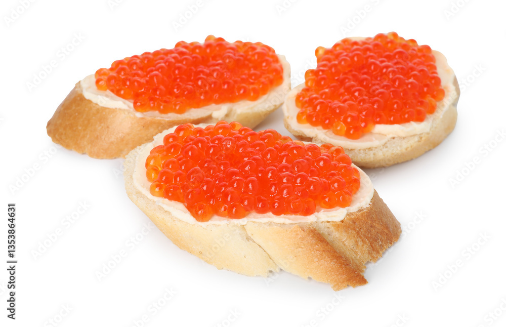 Tasty sandwiches with red caviar isolated on white Tasty sandwiches with red caviar isolated on white