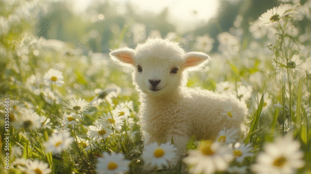 Cute lamb in a field of daisies, sweet, springtime scene Cute lamb in a field of daisies, sweet, springtime scene