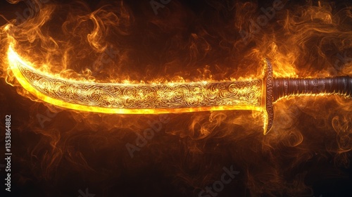Fiery, ornate sword ablaze in flames.