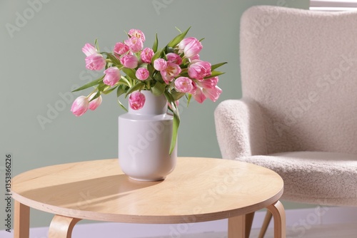 Wallpaper Mural Bouquet of beautiful tulips in vase on table indoors Torontodigital.ca