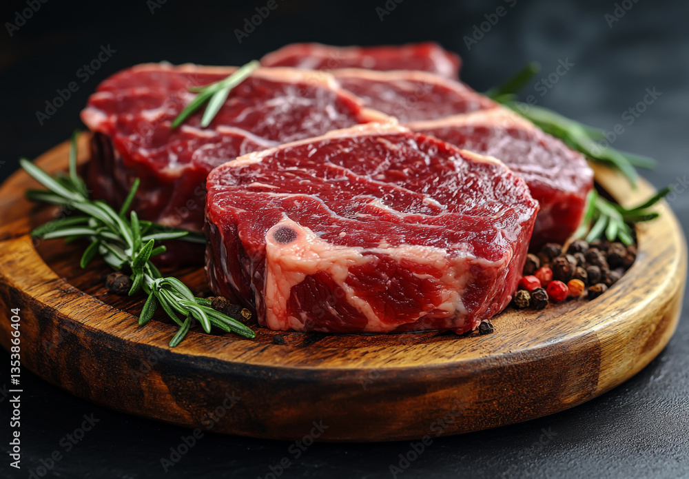 Raw beef steaks on a wooden board with spices and garlic, against a black background Raw beef steaks on a wooden board with spices and garlic, against a black background