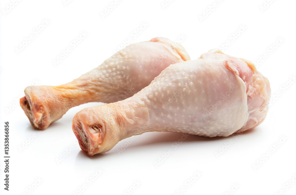 Raw chicken drumstick isolated on a white background, front view Raw chicken drumstick isolated on a white background, front view