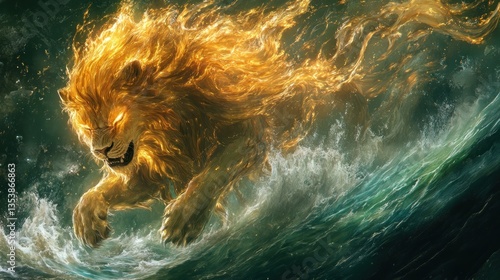 Fiery lion creature running through water.