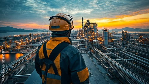 Worker Silhouetted Against Sunset Over Industrial Plant