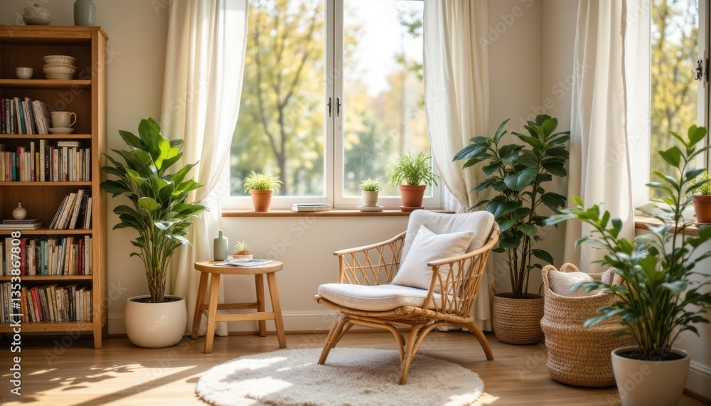 Create an artistic depiction of a cozy reading corner in a bright room, with a stylish armchair and a large window letting in soft, golden light Create an artistic depiction of a cozy reading corner in a bright room, with a stylish armchair and a large window letting in soft, golden light