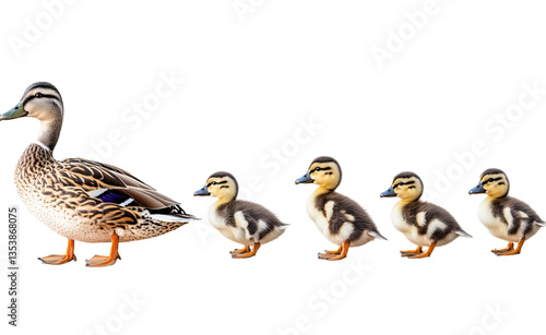 Ducks and ducklings in a line, isolated on a transparent background