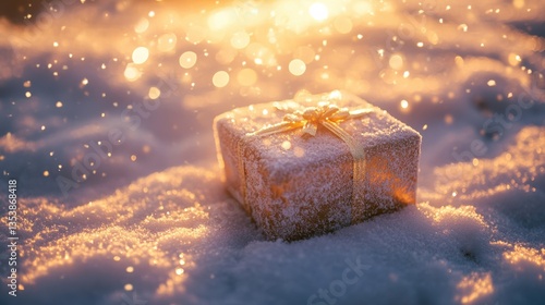 Beautifully Wrapped Gift Box on Snowy Landscape with Shimmering Snowflakes in Soft Golden Light