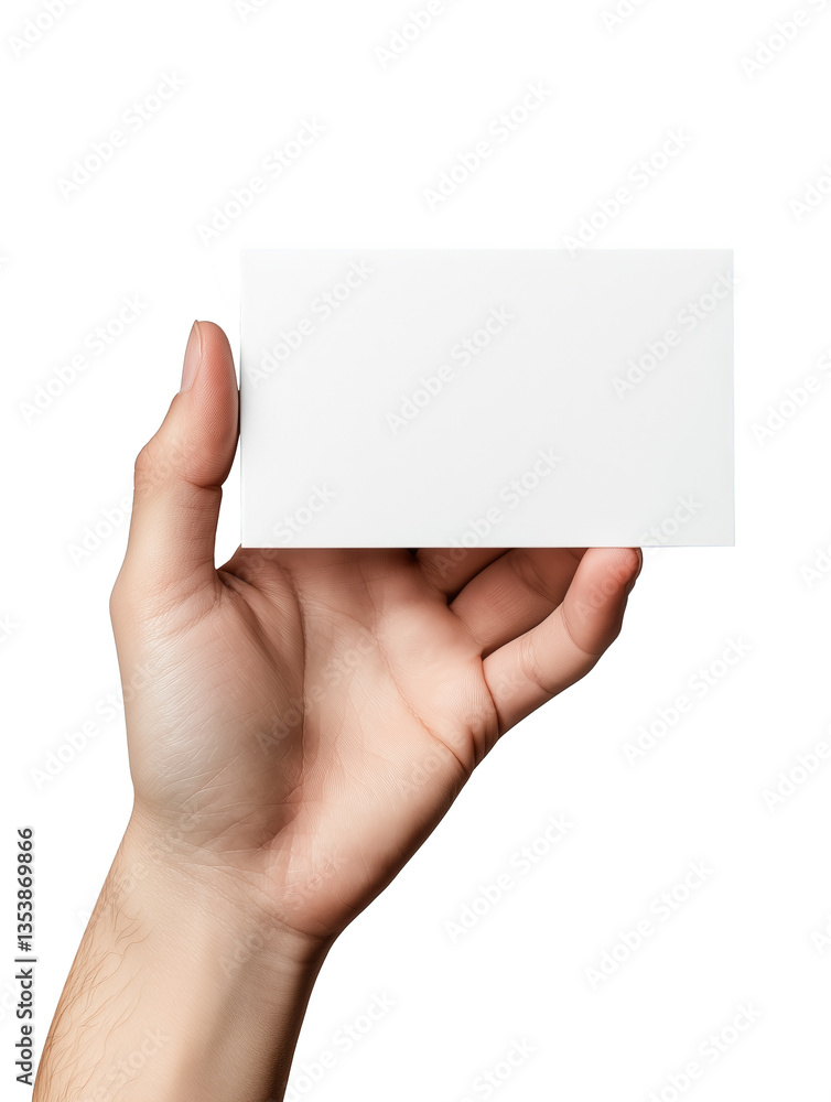 Obraz premium Hand holding blank business card mockup isolated on transparent background