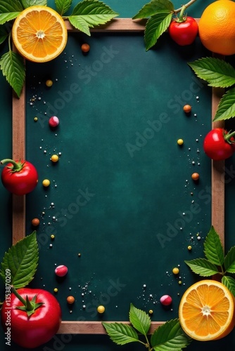 Close-up of chalkboard menu with colorful food items, design, chalkboard